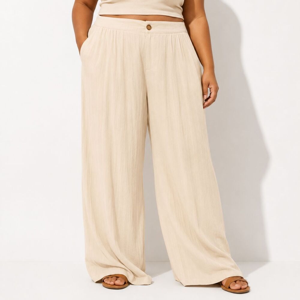 Linen Blend Wide Leg Ivory Boho Summer High Waist Trouser XL Petite NWT